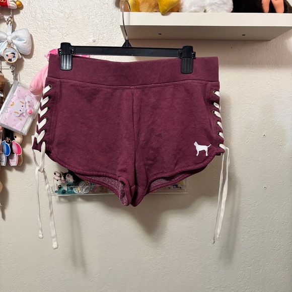 PINK Victoria's Secret Pants - Victoria’s Secret PINK Burgundy Lace Up Mini Lounge Shorts Sz Medium